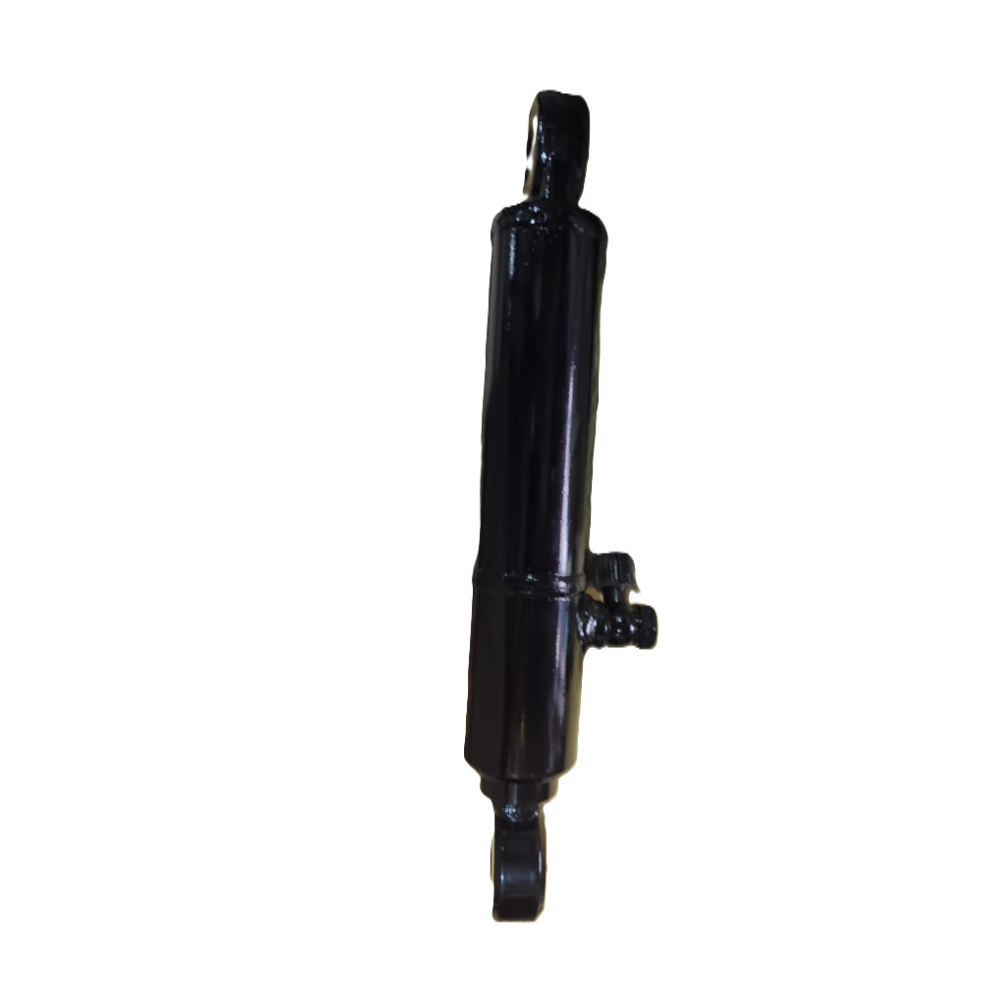 Side view of MT40008014 steering cylinder displaying body length, rod design, and hydraulic hose ports for precision steering control.